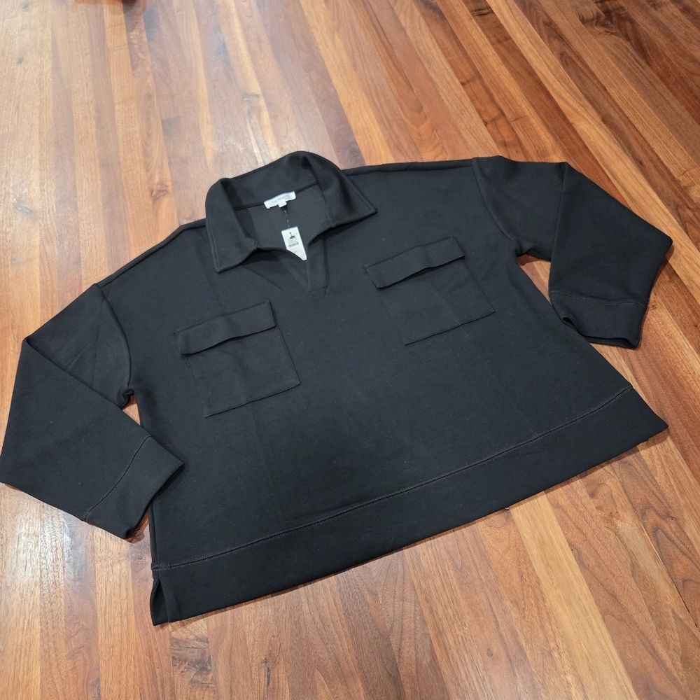 T By Talbots Johnny Collar Black Pullover Side Slit Hem Size XL